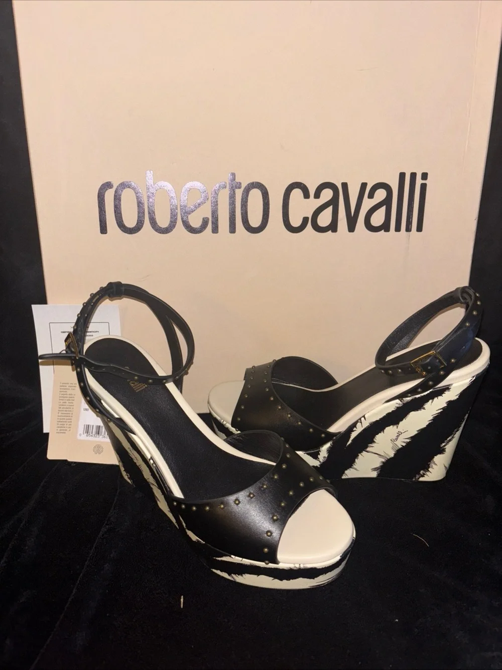 Roberto Cavalli freedom-print stud wedge NWT